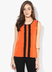Popnetic Casual Sleeveless Solid Women's Orange, Black Top