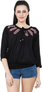 BuyNewTrend Casual 3/4th Sleeve Embroidered Women's Black Top