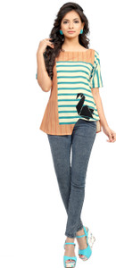 Ziyaa Party Short Sleeve Striped Women's Multicolor Top