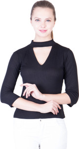 khhalisi Casual 3/4th Sleeve Solid Women's Black Top