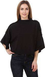 BrandMeUp Party Kimono Sleeve Solid Women's Black Top