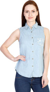 Coffee Bean Casual Sleeveless Self Design Women's Light Blue Top