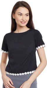 Popnetic Casual Short Sleeve Solid Women's Black Top
