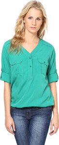 Harpa Casual 3/4th Sleeve Solid Women's Green Top