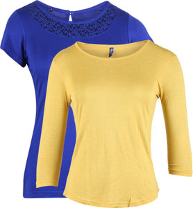Vvoguish Casual 3/4th Sleeve, Short Sleeve Solid Women's Yellow, Blue Top