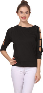 Fashion Expo Casual 3/4th Sleeve Solid Women's Black Top