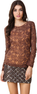 Texco Casual Full Sleeve Self Design Women's Brown Top