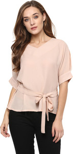 Miss Chase Casual Short Sleeve Solid Women's Beige Top