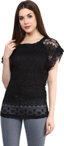 Mayra Party Short Sleeve Solid Women's Black Top