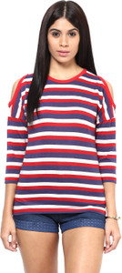 Hypernation Casual 3/4th Sleeve Striped Women's Red, Blue, White Top