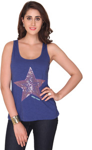 Bedazzle Casual Sleeveless Embellished Women's Blue Top