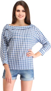 Cation Casual 3/4th Sleeve Checkered Women's Light Blue Top