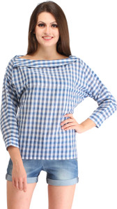 Cation Casual 3/4th Sleeve Checkered Women's Light Blue Top