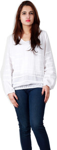 Vaak Casual Full Sleeve Self Design Women's White Top