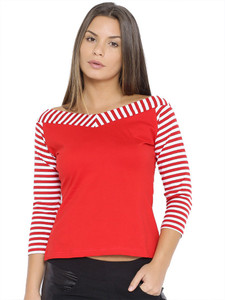 Veakupia Casual 3/4th Sleeve Solid, Striped Women's Red, White Top