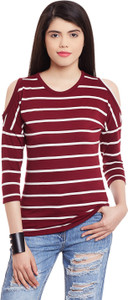 Hypernation Casual 3/4th Sleeve Striped Women's Maroon, White Top