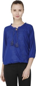 BuyNewTrend Casual 3/4th Sleeve Embroidered Women's Blue Top