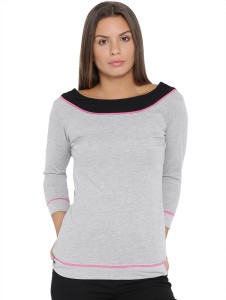 Vea Kupia Casual 3/4th Sleeve Solid Women's Grey Top