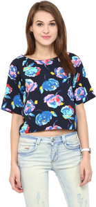 Harpa Casual Short Sleeve Floral Print Women's Dark Blue Top