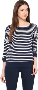 Miss Chase Casual 3/4th Sleeve Striped Women's Blue Top