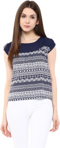 Mayra Party Cap Sleeve Printed Women's Blue Top