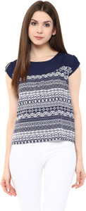 Mayra Party Cap Sleeve Printed Women's Blue Top