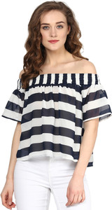 Sassafras Casual Short Sleeve Striped Women's Dark Blue, White Top