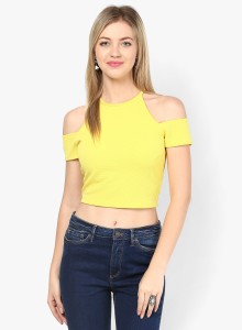 Veni Vidi Vici Casual Short Sleeve Solid Women's Yellow Top