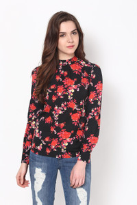 Harpa Casual Full Sleeve Floral Print Women's Black Top