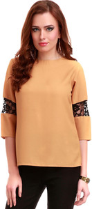 Sassafras Casual 3/4th Sleeve Solid Women's Brown Top