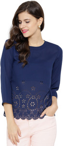 Sassafras Casual 3/4th Sleeve Solid Women's Dark Blue Top