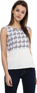 Avoir Envie Casual Sleeveless Printed Women's White Top