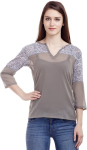 Mask Lifestyle Casual 3/4th Sleeve Printed Women's Grey Top