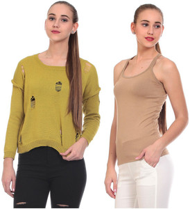 Claude 9 Formal Full Sleeve, Sleeveless Solid Women's Green, Beige Top