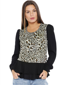 Vea Kupia Casual Full Sleeve Solid, Animal Print Women's Black Top