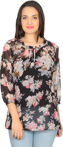 Rute Casual 3/4th Sleeve Floral Print Women's Black Top