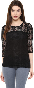 Mayra Party 3/4th Sleeve Solid Women's Black Top
