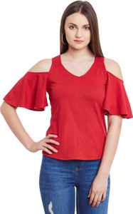 Hypernation Casual Butterfly Sleeve Solid Women's Red Top