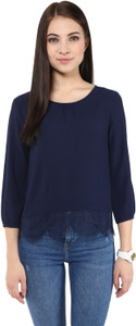 Harpa Casual 3/4th Sleeve Solid Women's Dark Blue Top