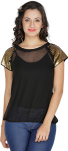 Mayra Party Short Sleeve Solid Women's Black Top