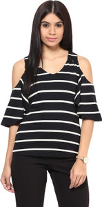 Hypernation Casual Cap Sleeve Striped Women's Black Top