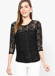 Mayra Party 3/4th Sleeve Solid Women's Black Top