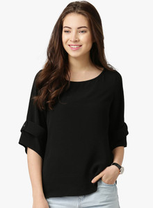 YUKON Casual 3/4th Sleeve Solid Women's Black Top