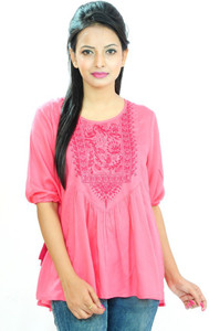 Goodwill Impex Casual 3/4th Sleeve Embroidered Women's Pink Top