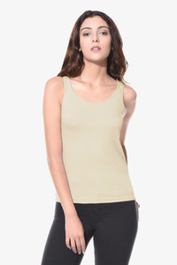 Miss Chase Casual Sleeveless Solid Women's Beige Top