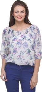 Purys Casual 3/4th Sleeve Floral Print Women's Blue, White Top