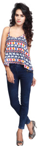 Urban Fashion Bank Casual Sleeveless Graphic Print, Printed Women's Blue Top