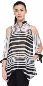 Tunic Nation Casual 3/4th Sleeve Striped Women's Black, White Top