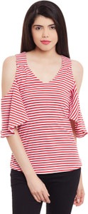 Hypernation Casual Butterfly Sleeve Striped Women's Red Top