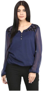 Myshka Casual Full Sleeve Embroidered Women's Blue Top